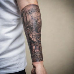 A highly-detailed forearm tattoo featuring key scenes and symbols from the movie 'Gladiator', transporting the wearer back to the grandeur and drama of Ancient Rome