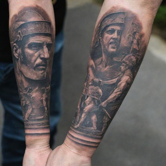 A highly-detailed forearm tattoo featuring key scenes and symbols from the movie 'Gladiator', transporting the wearer back to the grandeur and drama of Ancient Rome