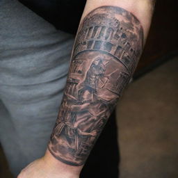 A highly-detailed forearm tattoo featuring key scenes and symbols from the movie 'Gladiator', transporting the wearer back to the grandeur and drama of Ancient Rome