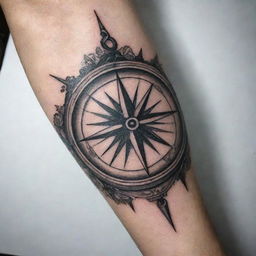 An intricate compass design for a forearm tattoo, combining the elements of vintage navigation tools with subtle nautical motifs