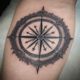 An intricate compass design for a forearm tattoo, combining the elements of vintage navigation tools with subtle nautical motifs