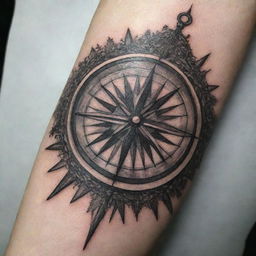 An intricate compass design for a forearm tattoo, combining the elements of vintage navigation tools with subtle nautical motifs