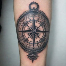 An intricate compass design for a forearm tattoo, combining the elements of vintage navigation tools with subtle nautical motifs