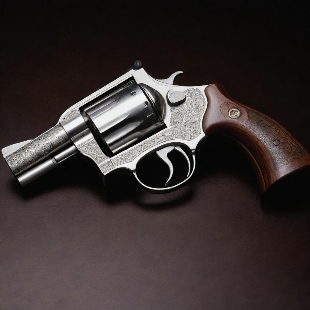 An intricately-designed revolver with a polished silver finish, laid flat on a dark mahogany table.