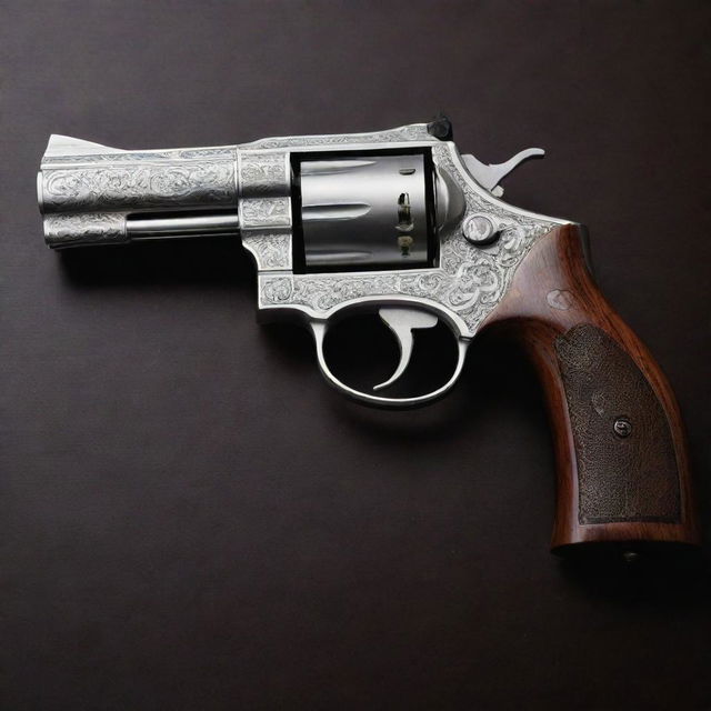 An intricately-designed revolver with a polished silver finish, laid flat on a dark mahogany table.