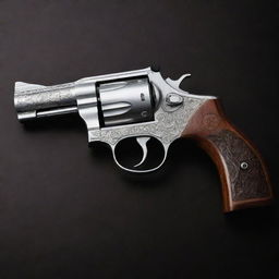 An intricately-designed revolver with a polished silver finish, laid flat on a dark mahogany table.