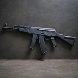 An AK-74 assault rifle, featuring a sleek black finish, angular lines, and mounted sights, resting against a grunge metal background.