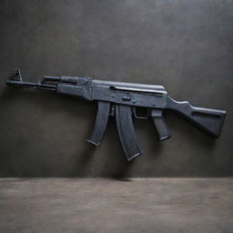 An AK-74 assault rifle, featuring a sleek black finish, angular lines, and mounted sights, resting against a grunge metal background.