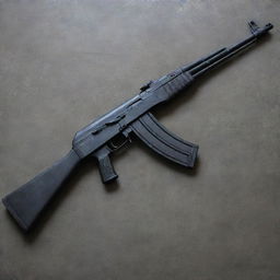 An AK-74 assault rifle, featuring a sleek black finish, angular lines, and mounted sights, resting against a grunge metal background.