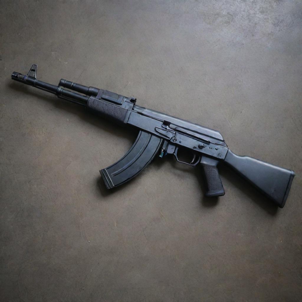 An AK-74 assault rifle, featuring a sleek black finish, angular lines, and mounted sights, resting against a grunge metal background.