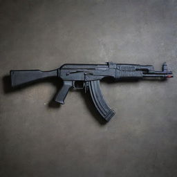 An AK-74 assault rifle, featuring a sleek black finish, angular lines, and mounted sights, resting against a grunge metal background.