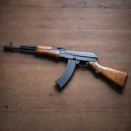 A classic AK-47 rifle made of well-treated wood and cold steel, resting on a rustic wooden table.