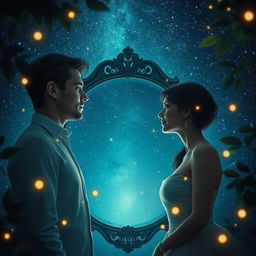 A serene and enchanting scene featuring a man and woman standing face to face, their reflections visible in a large, ornate mirror positioned between them