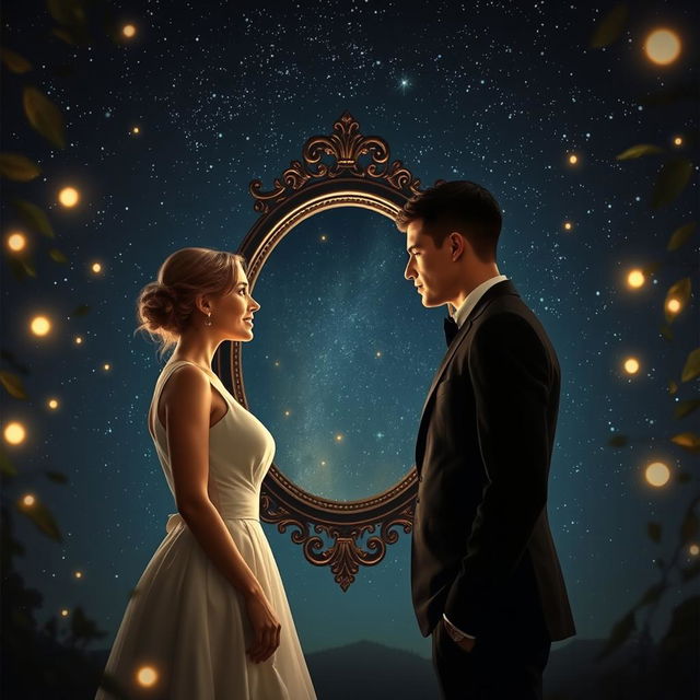 A serene and enchanting scene featuring a man and woman standing face to face, their reflections visible in a large, ornate mirror positioned between them