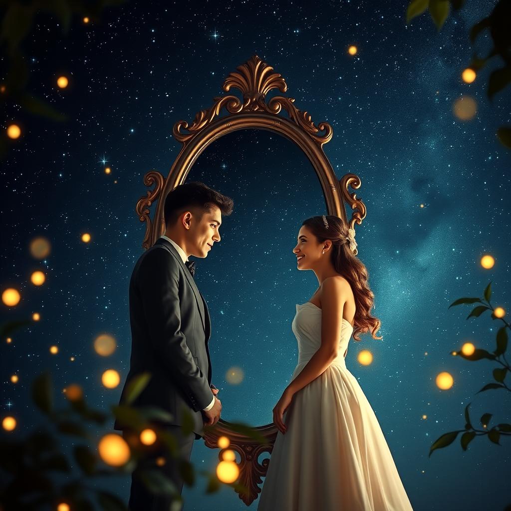 A serene and enchanting scene featuring a man and woman standing face to face, their reflections visible in a large, ornate mirror positioned between them