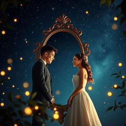 A serene and enchanting scene featuring a man and woman standing face to face, their reflections visible in a large, ornate mirror positioned between them