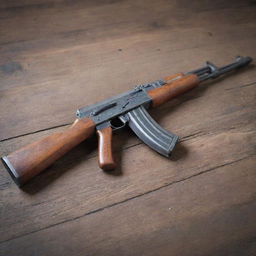 A classic AK-47 rifle made of well-treated wood and cold steel, resting on a rustic wooden table.