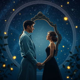 A serene and enchanting scene featuring a man and woman standing face to face, their reflections visible in a large, ornate mirror positioned between them