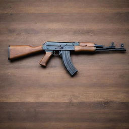 A classic AK-47 rifle made of well-treated wood and cold steel, resting on a rustic wooden table.