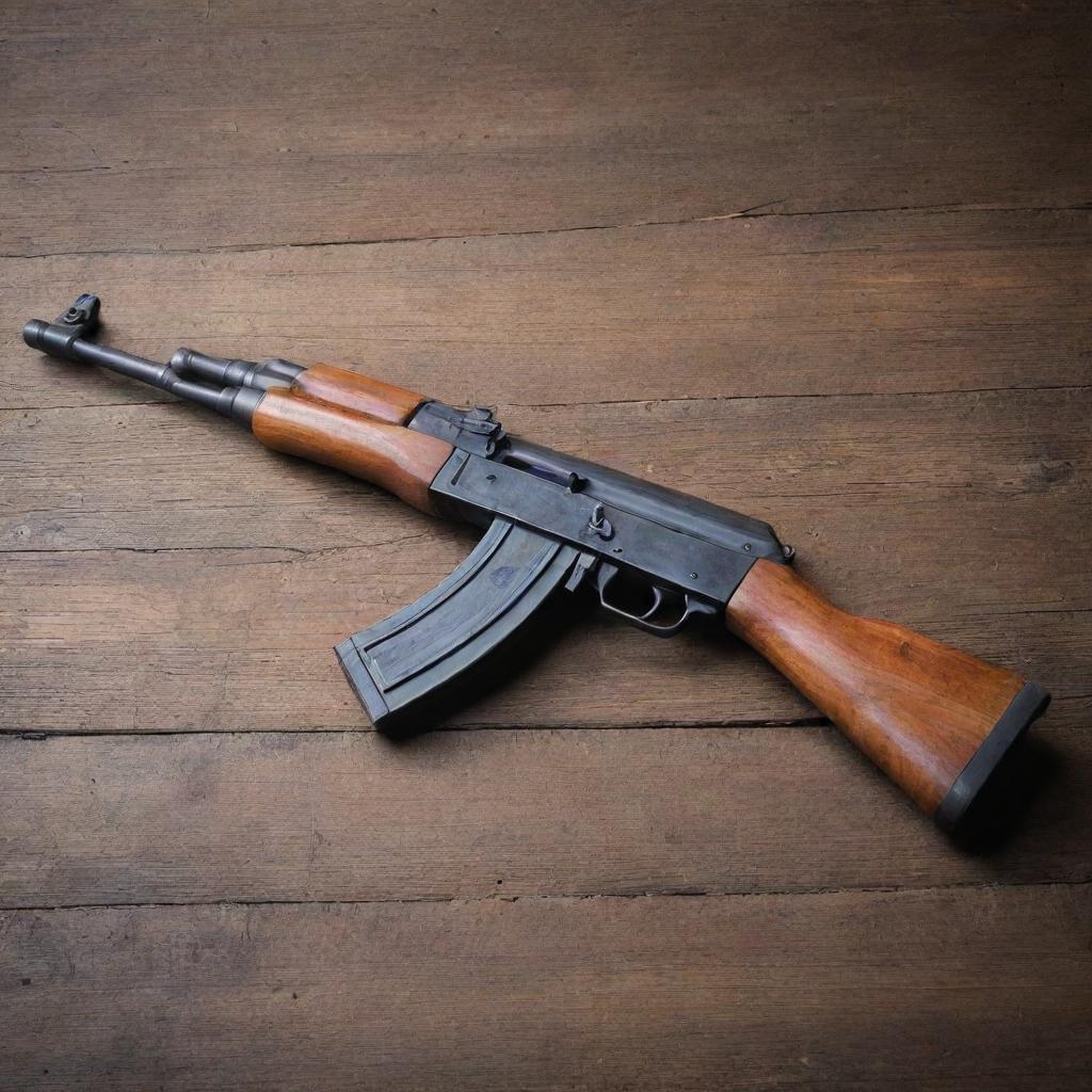 A classic AK-47 rifle made of well-treated wood and cold steel, resting on a rustic wooden table.