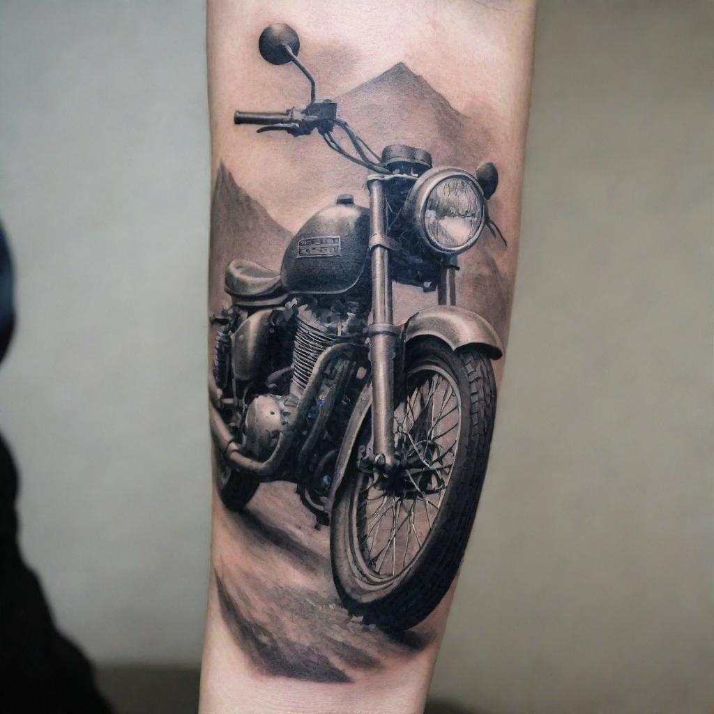 A detailed forearm tattoo featuring a classic motorcycle design, evoking a sense of adventure, freedom, and the open road