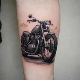 A detailed forearm tattoo featuring a classic motorcycle design, evoking a sense of adventure, freedom, and the open road