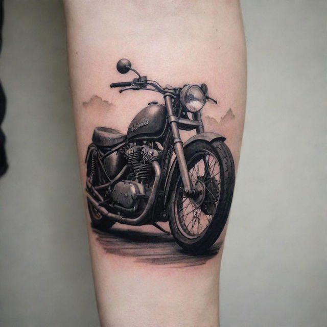 A detailed forearm tattoo featuring a classic motorcycle design, evoking a sense of adventure, freedom, and the open road