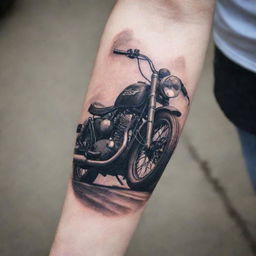 A detailed forearm tattoo featuring a classic motorcycle design, evoking a sense of adventure, freedom, and the open road