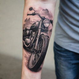 A detailed forearm tattoo featuring a classic motorcycle design, evoking a sense of adventure, freedom, and the open road