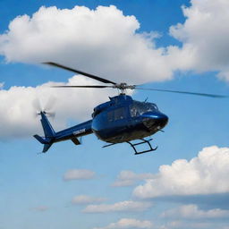 A large, sleek helicopter soaring high in the sky against a backdrop of scattered clouds and a brilliant blue horizon.