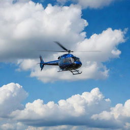 A large, sleek helicopter soaring high in the sky against a backdrop of scattered clouds and a brilliant blue horizon.