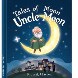 A whimsical book cover featuring Uncle Moon, an elderly man with a warm smile, sitting on a crescent moon surrounded by sparkling twinkling stars