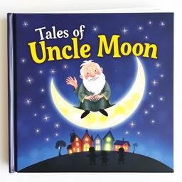 A whimsical book cover featuring Uncle Moon, an elderly man with a warm smile, sitting on a crescent moon surrounded by sparkling twinkling stars