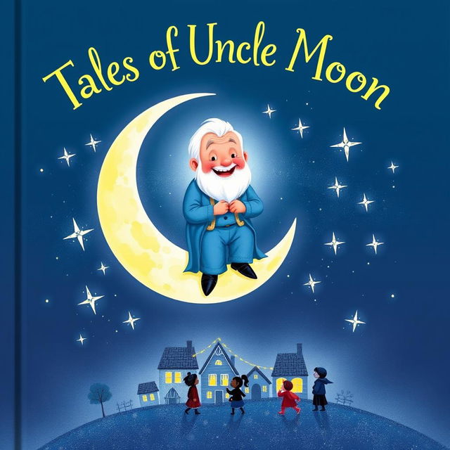 A whimsical book cover featuring Uncle Moon, an elderly man with a warm smile, sitting on a crescent moon surrounded by sparkling twinkling stars