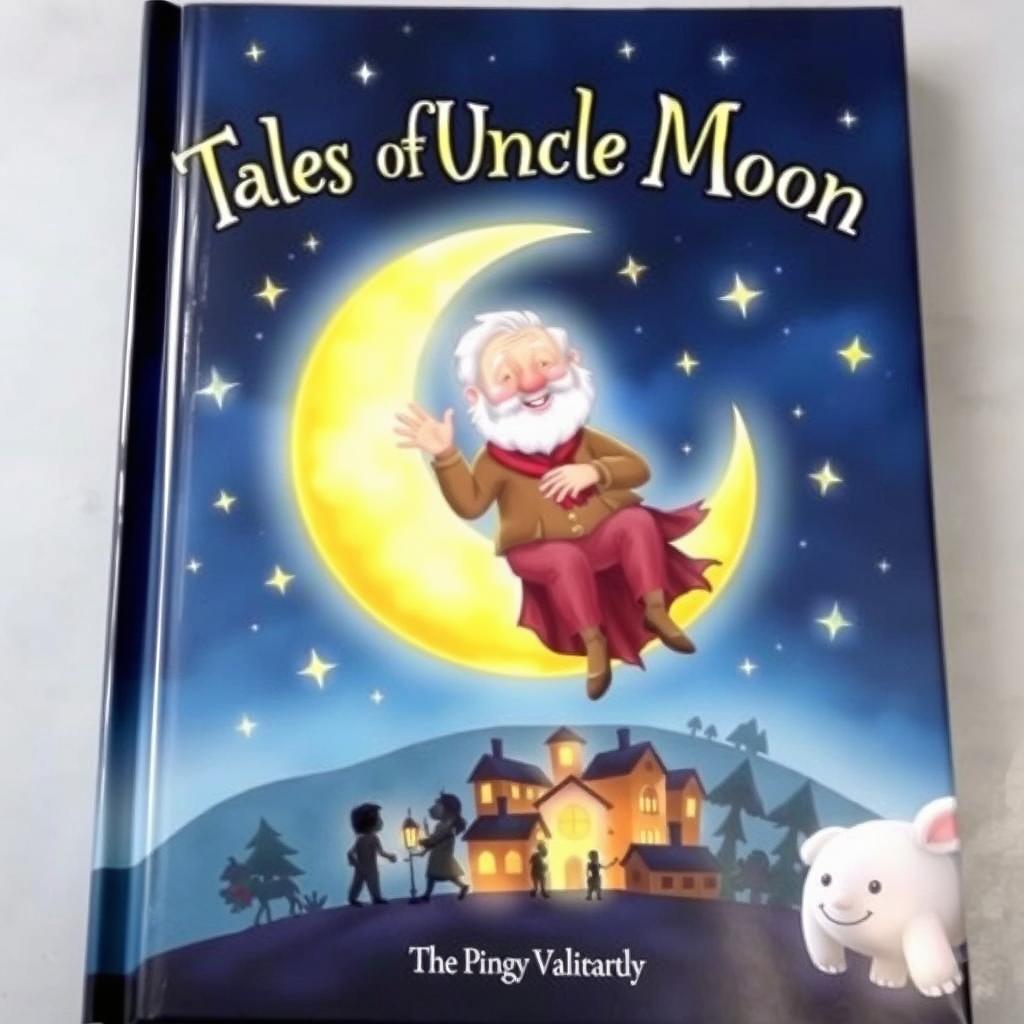 A whimsical book cover featuring Uncle Moon, an elderly man with a warm smile, sitting on a crescent moon surrounded by sparkling twinkling stars