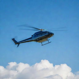 A large, sleek helicopter soaring high in the sky against a backdrop of scattered clouds and a brilliant blue horizon.