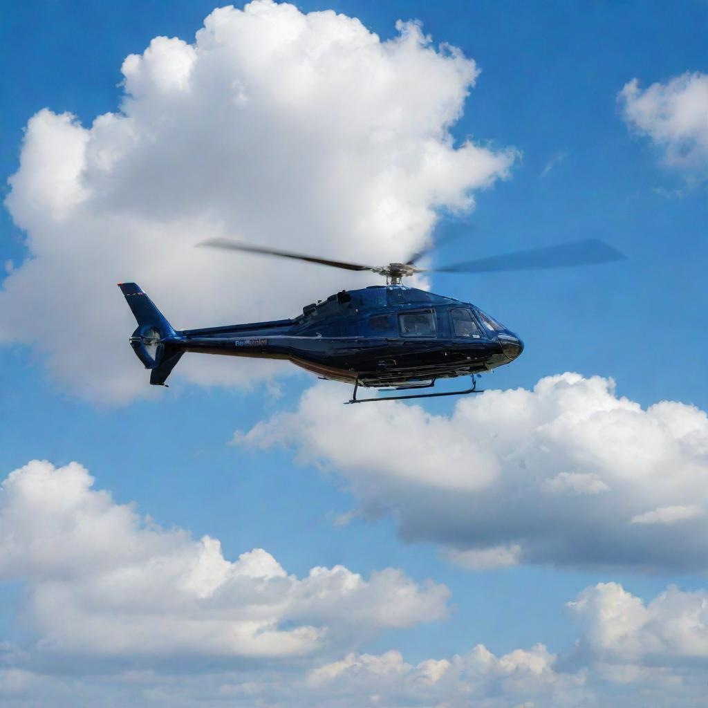 A large, sleek helicopter soaring high in the sky against a backdrop of scattered clouds and a brilliant blue horizon.