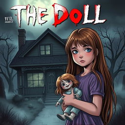 A horror comic cover titled "The Doll" featuring a 13-year-old girl named Lily with long brown hair, holding a creepy doll named Anabelle, standing in front of an eerie bungalow house