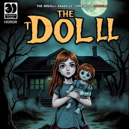 A horror comic cover titled "The Doll" featuring a 13-year-old girl named Lily with long brown hair, holding a creepy doll named Anabelle, standing in front of an eerie bungalow house