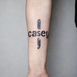 Stylish and personalized forearm tattoo of the name 'Casey'. The typography should be elegantly crafted, possibly with an accent design