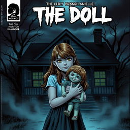 A horror comic cover titled "The Doll" featuring a 13-year-old girl named Lily with long brown hair, holding a creepy doll named Anabelle, standing in front of an eerie bungalow house