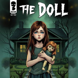 A horror comic cover titled "The Doll" featuring a 13-year-old girl named Lily with long brown hair, holding a creepy doll named Anabelle, standing in front of an eerie bungalow house
