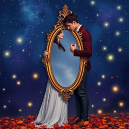 A romantic scene featuring a man and woman standing closely together, holding a large ornate mirror between them, their faces mirroring each other’s expressions