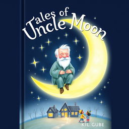 A whimsical book cover featuring Uncle Moon, an elderly man with a warm smile, sitting on a crescent moon surrounded by sparkling twinkling stars