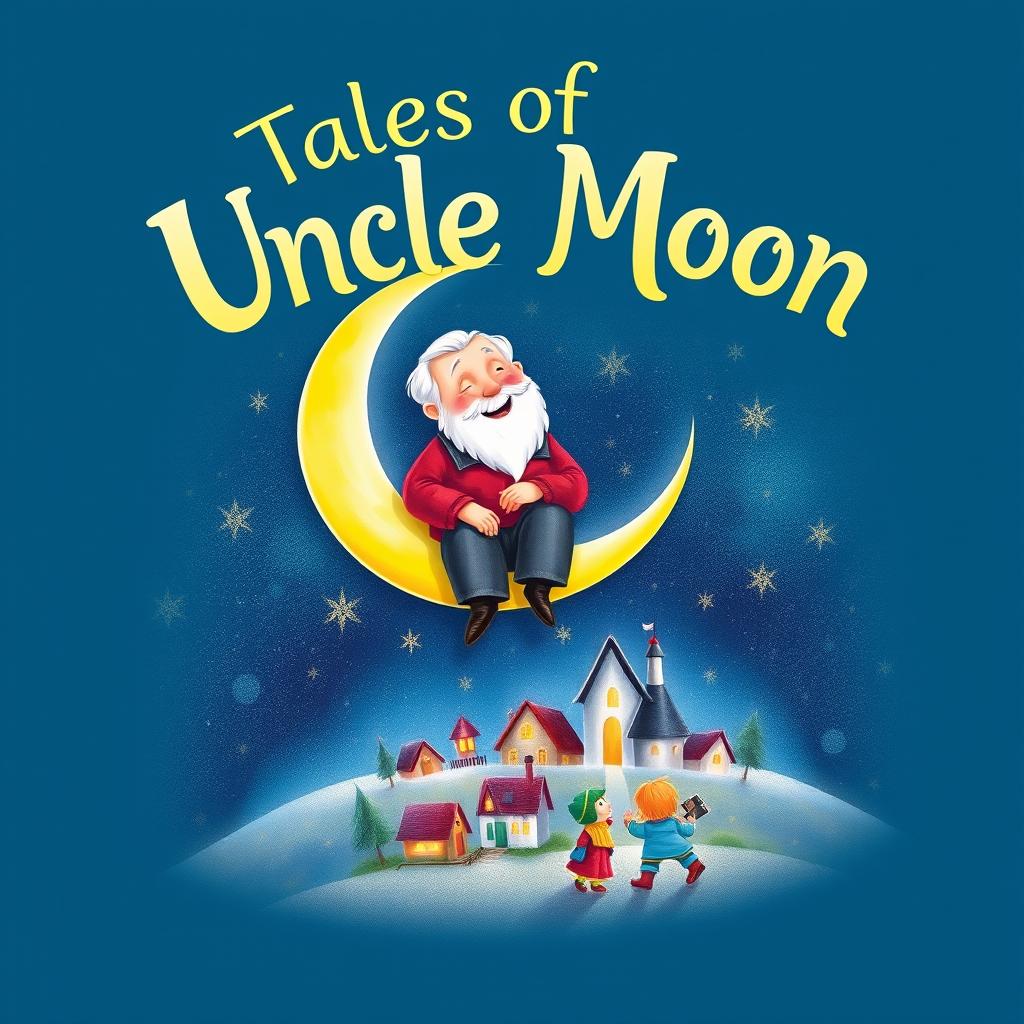 A whimsical book cover featuring Uncle Moon, an elderly man with a warm smile, sitting on a crescent moon surrounded by sparkling twinkling stars