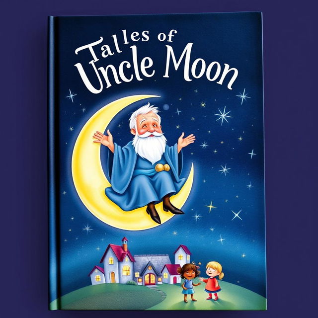 A whimsical book cover featuring Uncle Moon, an elderly man with a warm smile, sitting on a crescent moon surrounded by sparkling twinkling stars