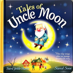 A whimsical book cover featuring Uncle Moon, an elderly man with a warm smile, sitting on a crescent moon surrounded by sparkling twinkling stars
