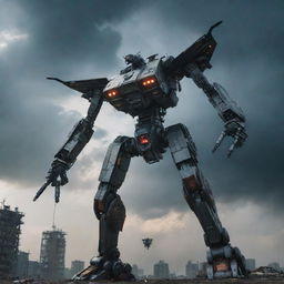 A transformation scene where a sleek helicopter morphs into a towering mecha robot in the midst of a dramatic sky.