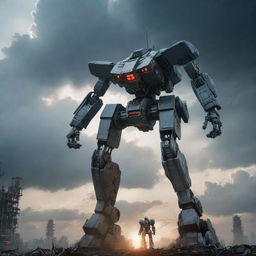 A transformation scene where a sleek helicopter morphs into a towering mecha robot in the midst of a dramatic sky.