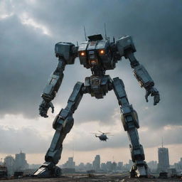 A transformation scene where a sleek helicopter morphs into a towering mecha robot in the midst of a dramatic sky.